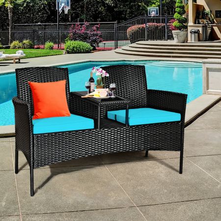 Rattan Turquoise Cushioned Loveseat with Glass Table