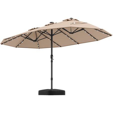 Extra-large 440 cm patio umbrella in brown with solar-powered LED lights, perfect for garden, deck, or poolside use.