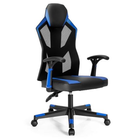 Racing style gaming chair in blue with ergonomic high back, adjustable height, and breathable mesh for comfort.