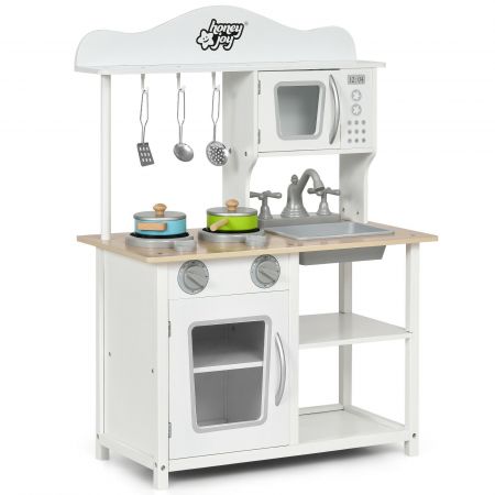 Children's Wooden Play Kitchen with Cooking Pots and Utensils
