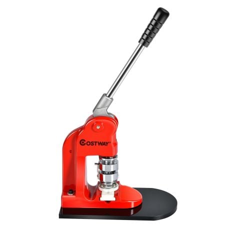 Badge maker pin button machine with grooved handle and sturdy base, ideal for creating personalized badges and artworks.