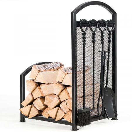 Firewood rack with 4 tools, made of sturdy steel, perfect for organizing logs and maintaining a clean fireplace area.
