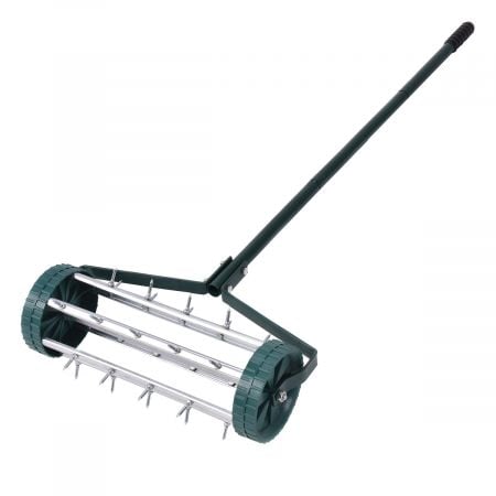 Heavy duty rolling lawn aerator with metal spikes and green PP wheels for easy aeration and healthier grass roots.