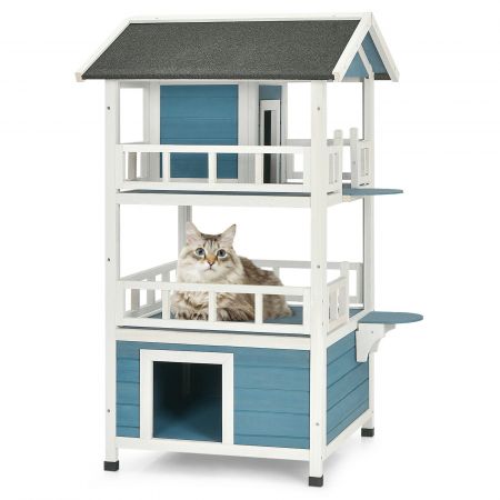 3 Storey Wooden Cat House with Enclosure and Sloping Asphalt Roof