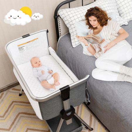 Baby Crib Folding Side Bed Bassinet Adjustable Height Mattress