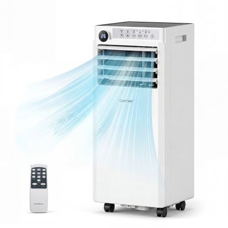 7000 BTU portable air conditioner in white, featuring cooling, fan, and dehumidifier functions for versatile indoor comfort.