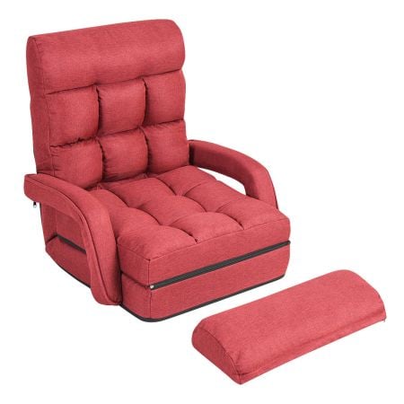 Adjustable folding lazy chair in red with pillow, featuring five backrest positions for ultimate comfort and relaxation.