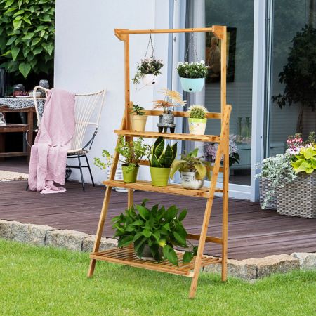 3-Tier Folding Bamboo Plant Stand with Hanging Basket Bar
