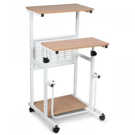 Height adjustable mobile computer desk with two wooden shelves and wheels for easy movement, ideal for small spaces.