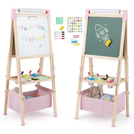 Adjustable double-sided kids wooden art easel in pink includes a sturdy solid wood frame and a convenient bottom storage bag.