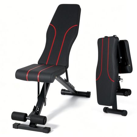 Adjustable foldable black dumbbell bench with ergonomic design and thick foam padding for enhanced comfort during workouts.
