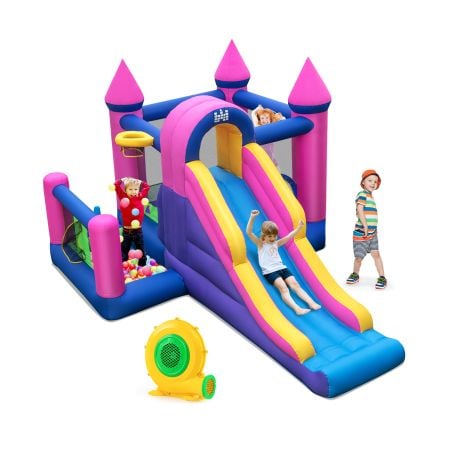 Giant jumping castle with slide, climbing wall, and ball pit for kids, made of durable oxford fabric and includes 50.