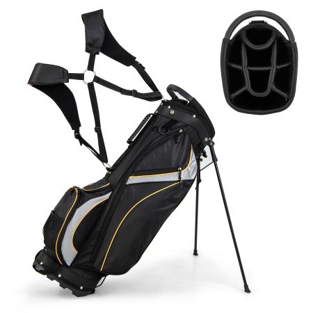 Golf stand bag with 8-way dividers, 7 zippered pockets, and dual padded straps for easy transport on the course.