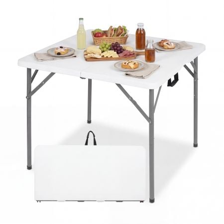 Folding card table with a white HDPE surface, sturdy metal frame, and carry handle, ideal for indoor and outdoor use.