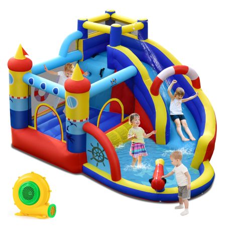 Inflatable Bounce Castle 6-in-1 Water Park with curved slide, splash pool, and climbing wall for outdoor summer fun.