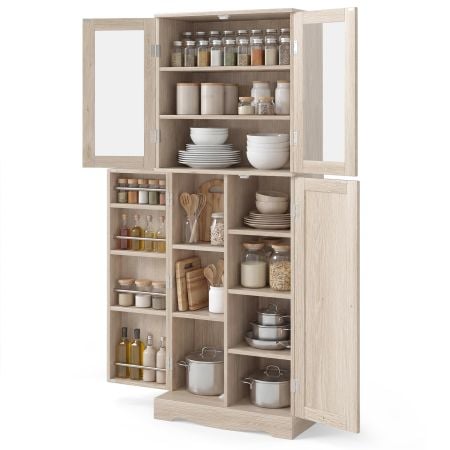 Kitchen pantry storage cabinet featuring glass doors, 3 shelves, 7 compartments, and 4 door racks for organized kitchen supplies.