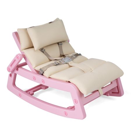 Kids rocking chair in pink showcases a secure 5-point harness and removable head pillow for safe and comfortable seating.