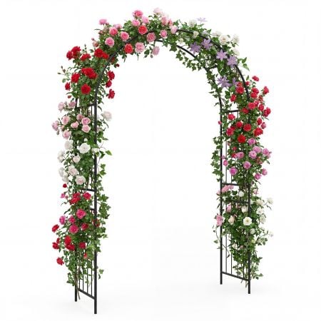 Metal garden arbor with floral accents, 103 x 49.5 x 223 CM, ideal for climbing plants and decorative events.