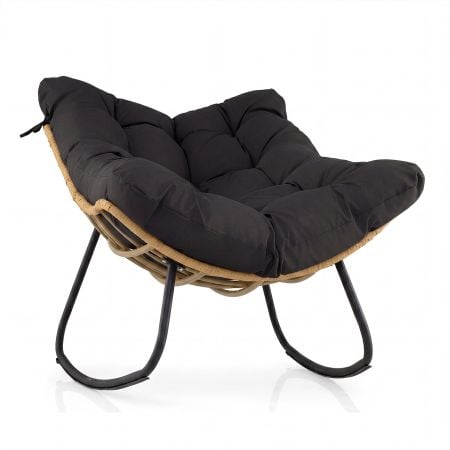 Oversized black Papasan rocking chair with thick cushion, crafted from PE rattan and metal, ideal for outdoor lounging.