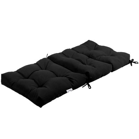 Black tri-fold patio chair cushion with thick sponge, waterproof polyester, and adjustable backrest for ultimate comfort outdoors.