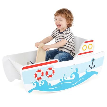 Wooden rocking ship toy for kids aged 1-5, featuring a nautical design and safe 40° rocking angle for imaginative play.