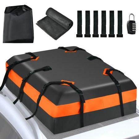 Waterproof rooftop luggage bag in orange, 15 cu.ft capacity, includes non-slip mat and 6 door hooks for secure travel.