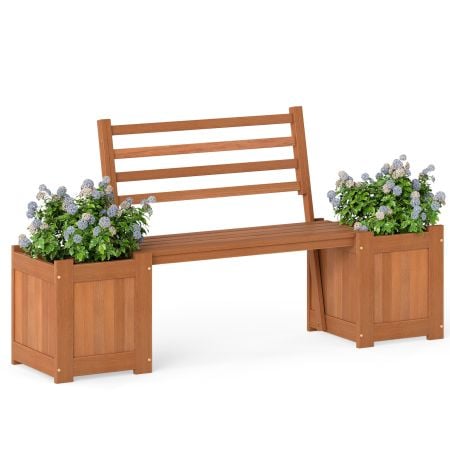 Wood outdoor planter box with bench and backrest, featuring two deep planters for flowers, ideal for garden relaxation.