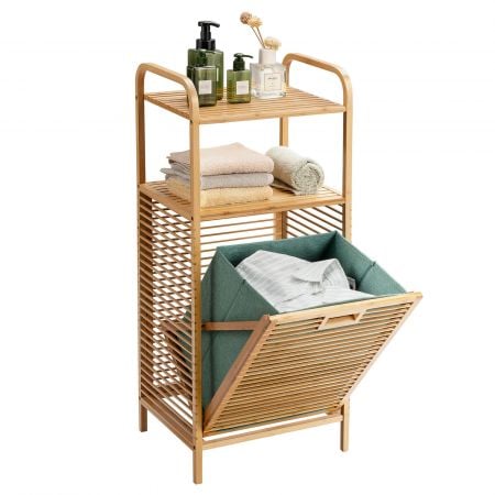 Bamboo laundry bin with removable basket and two shelves for toiletries and towels, ideal for bathroom or utility room.