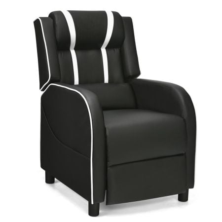 Adjustable gaming chair in black with white accents, featuring a footrest, headrest, and lumbar support for optimal.