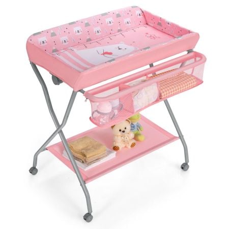 Pink rolling baby changing table with large storage basket, designed for comfort and convenience in nursery care.