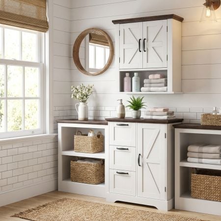 Rustic Barn Collection bathroom cabinet set featuring a wall-mounted cabinet and a freestanding floor cupboard for.