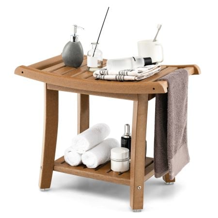 2-tier brown HDPE waterproof shower bench with curved seat, featuring ample storage for bath products and towels.
