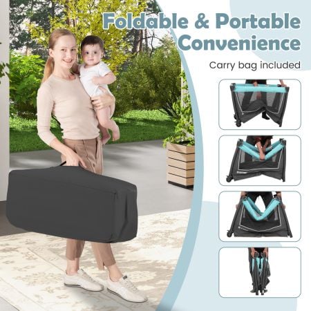 5-in-1 Foldable Pack and Play in green, featuring a removable bassinet and portable carry bag for easy travel and.