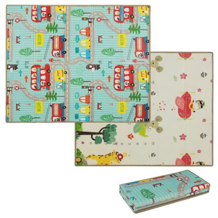Foldable baby play mat measuring 178 x 148 cm, featuring double-sided patterns and a child height chart for safe play.