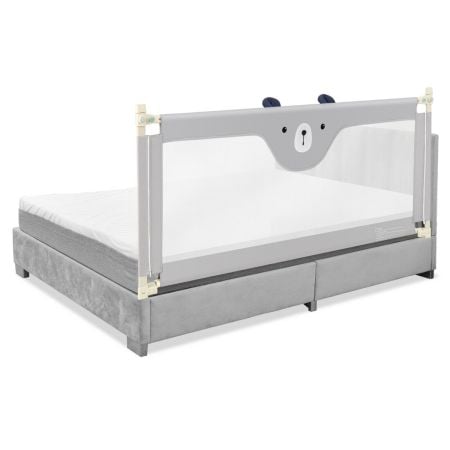 Toddler bed guardrail measuring 175cm with double lock, adjustable height, and cute pattern for safety and style.