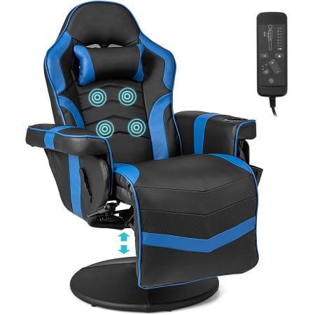 Electric massage gaming chair in blue with adjustable backrest, footrest, and massage function for ultimate comfort.