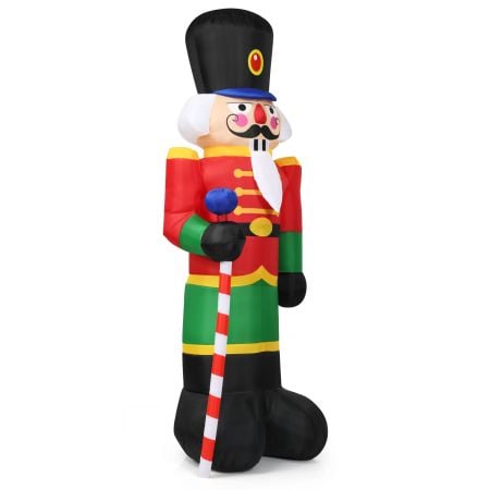 Inflatable 2.4M Christmas Nutcracker Soldier with candy scepter and 3 LED lights, perfect for festive indoor or outdoor.