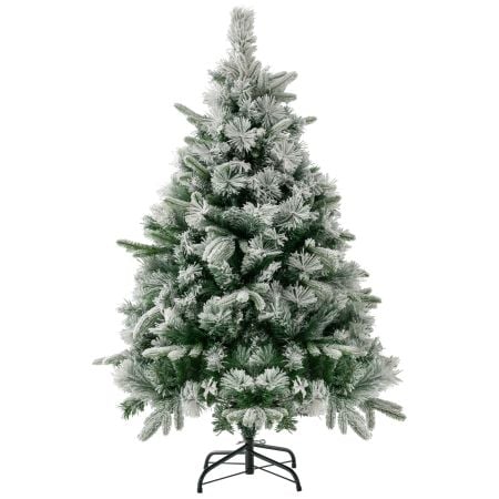 Snow flocked 4.5 ft pre-lit Christmas tree with warm-white LED lights and sturdy metal base for festive celebrations.