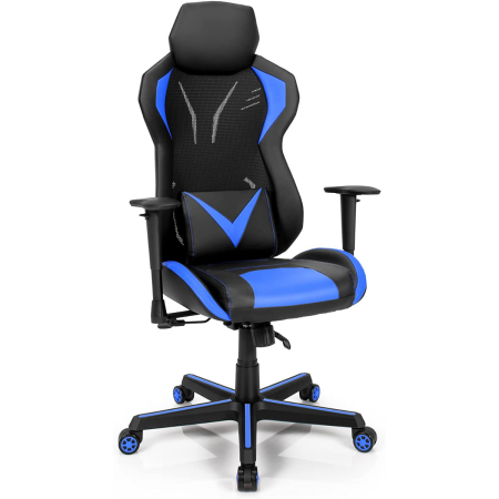 Ergonomic gaming chair in blue and black with tilting function, adjustable height, and breathable mesh for comfort.