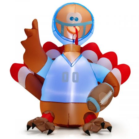 Inflatable 5-foot Thanksgiving turkey rugby player with LED lights, perfect for festive backyard or porch decoration.