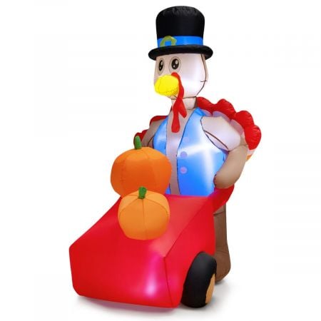 Thanksgiving inflatable turkey with a pumpkin cart, featuring bright LED lights, ideal for festive indoor or outdoor.