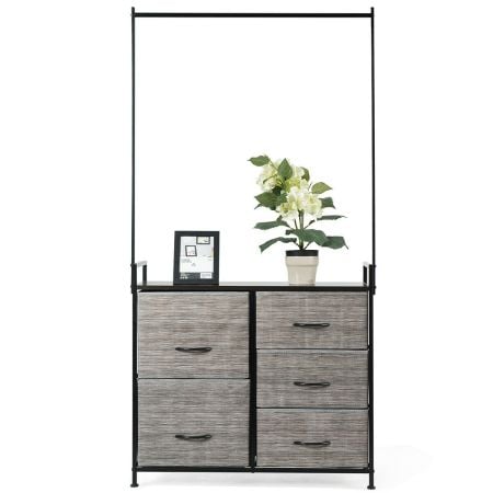 Fabric storage organizer with clothes rack and 5 drawers, featuring a sturdy metal frame and adjustable feet for.