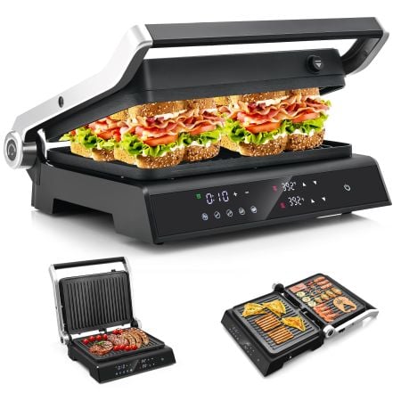 Indoor grill with 180° opening design, featuring 5 auto cooking modes and independent temperature control for versatile.