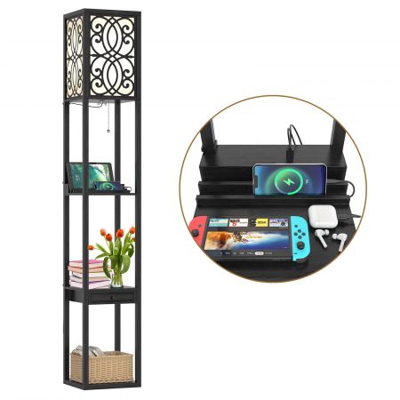 Free-standing floor lamp with 2 USB charging ports, 3 open shelves, and a storage drawer for versatile home.