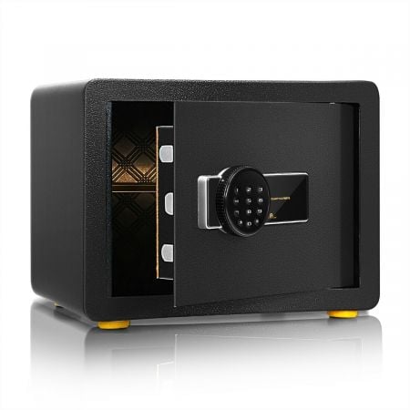 Digital security safe box made of reinforced carbon steel, featuring a digital lock and emergency keys for valuables.