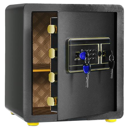 Electronic safe box in black with dual keys, alarm system, and removable shelf for secure cash and jewelry storage.