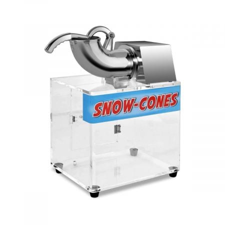 Electric snow cone maker with dual blades and large acrylic storage box for efficient ice crushing and serving.