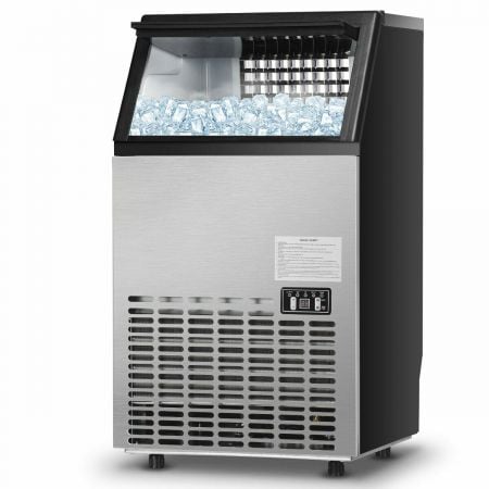 Commercial ice cube making machine with stainless steel finish, producing 50 kg of ice daily, ideal for home or bar use.
