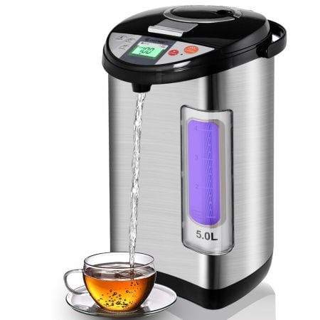 5L adjustable electric water dispenser with stainless steel design, featuring 3 dispensing methods and 5 temperature.