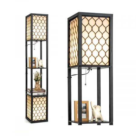 Double floor lamp with two tier storage shelves in black, featuring a foot switch and warm, cozy lighting for living.